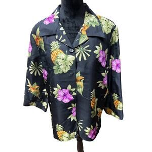 Silkland 100% Silk jacket Blazer Black Tropical Flowers 16 Resort vacation beach